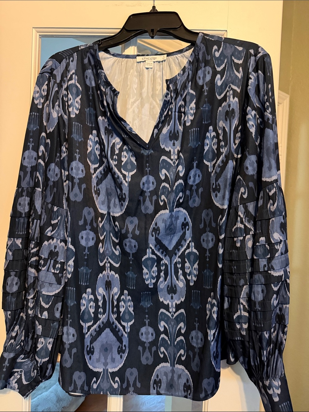 Chico's Navy and Light Blue Ikat-Pattern V-Neck Blouse